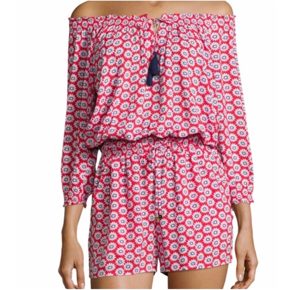Tory Burch Red Daisy Floral Off Shoulder Romper Tassel Tie Size M